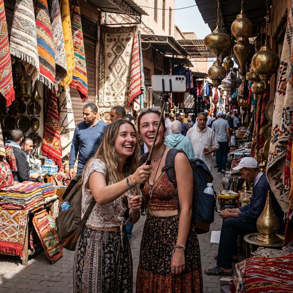Viaggiatrici in Marocco con il loro smartphone